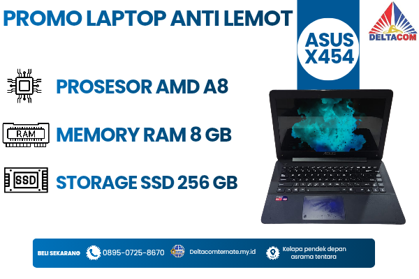 ASUS AMD A8 , TYPE BARU BODY SLIM, PROSESOR AMD A8 MEMORY RAM 8 GB STORAGE SSD 256 GB DISPLAY 14 INCH MULUS, WARNAH HITAM, LECET SDIKIT,